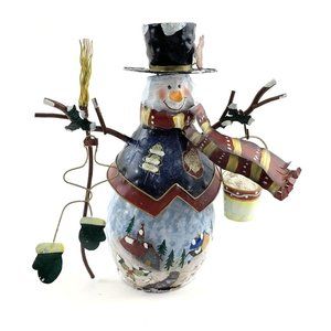 Vintage Metal (Tin) Snowman w/ Wire Broom, Bucket, Scarf, Mittens, Hand Painted.